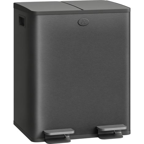 Cubo de basura de cocina con 2 compartimentos 2x20L papelera de cocina de acero inoxidable con pedal tapas de cierre suave y cubo extraíble negro (1/5)