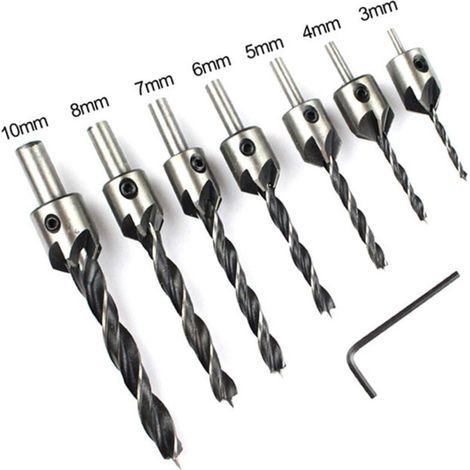 Paquet de 7 forets fraisés HSS 5 pour le perçage de chanfrein du bois clé de 3 à 10mm, foret d'ouverture de chanfrein à positionnement réglable (1/4)