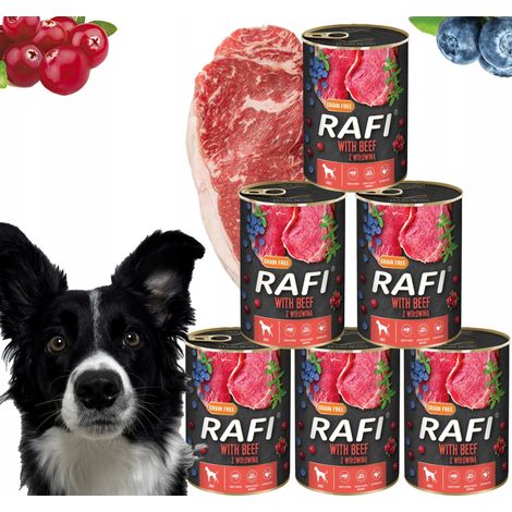 Nourriture humide pour chiens RAFI au bœuf, aux myrtilles et aux canneberges 400g - 6 pièces. (1/5)