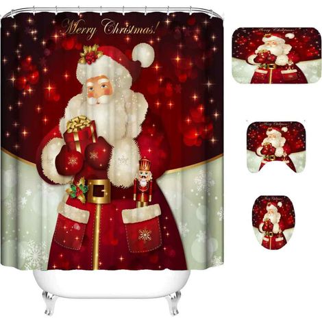 Ensemble rideau de douche et tapis de sol avec motif Père Noël et bonhomme de neige imprimé numérique, imperméable, en polyester. Ensemble de quatre pièces. (1/5)