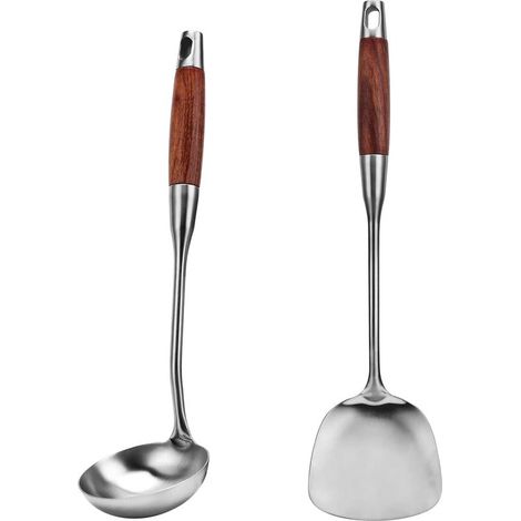 Juego de utensilios de cocina de 2 piezas: espátula para wok y cucharón para sopa. Acero inoxidable. Mango largo de madera resistente al calor.