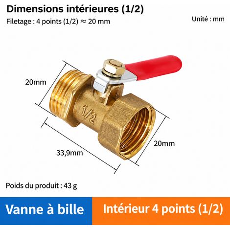 Vanne à boisseau sphérique en laiton poignée rouge mâle-femelle 1/2 4 1.0 1 2 51 g – Livraison gratuite