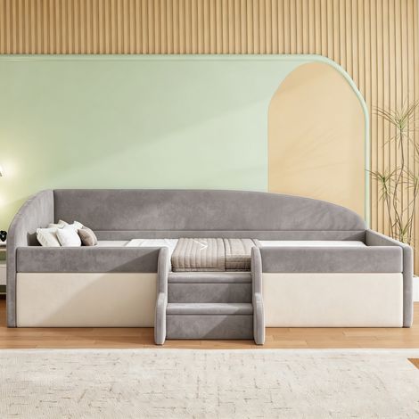 Cama infantil tapizada de 90 x 190 cm, cama multifuncional, con escalones y barandilla, tejido de terciopelo suave al tacto, sin colchón, color gris. (1/5)