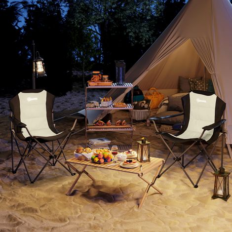 Set di 2 Sedie da Campeggio Pieghevoli con Schienale Alto, Portabicchieri e Borse di Trasporto, Sedie per Esterno in Metallo e Tessuto Oxford, per Esterni Picnic Spiaggia Giardino, Crema (1/5)