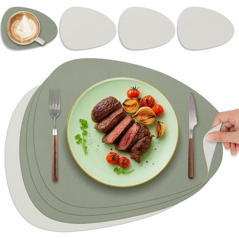 Lot de 4 sets de table ovales en cuir lavable, double face, antidérapants, vert gazon et gris clair. (1/5)