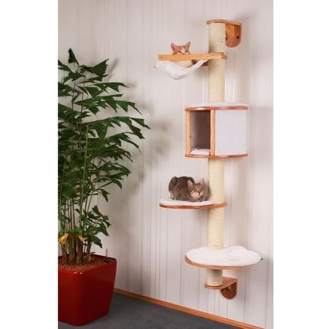 Arbre à chat mural Dolomit 168 cm – Coussin peluche amovible – Grotte ø 40 x 30 cm – Hamac 45 x 30 cm – Tronc sisal ø 10 cm – Blanc – Kerbl