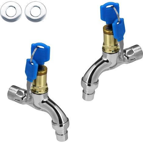 2 Pièces Robinet Exterieur Jardin, Robinet Exterieur avec Serrure, en Alliage de Zinc, avec Clé, pour L'arrosage du Jardin et le Lavage de Voiture