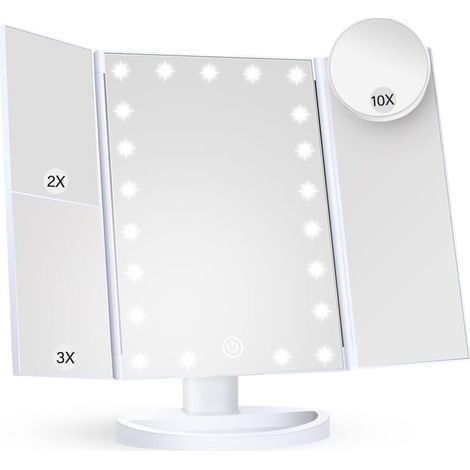 Miroir de maquillage avec éclairage, grossissement x2, x3, x10, commande tactile, pliable en trois parties, blanc, 24 cm (L) x 34 cm (l), style contemporain, montage sur meuble-lavabo, salle de bain