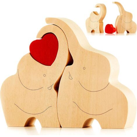 Figurine de couple d'éléphants d'amour en bois avec cœur rouge - Cadeau de décoration d'ornement d'éléphants (1/5)