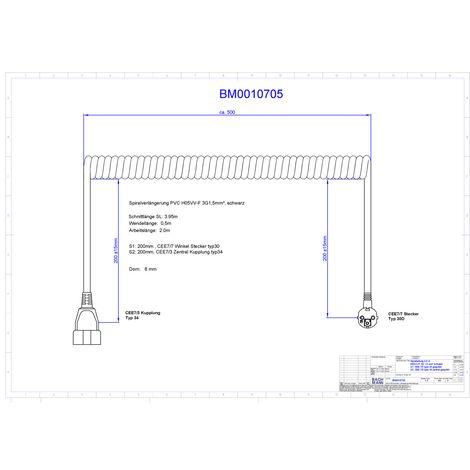BACHMANN Spiralleitung H05VV-F 3G1,5mm² L:0,5m sw CEE7/7, BM0010705