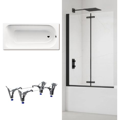 Kaldewei 170x75 cm Ensemble baignoire Saniform universelle + Pare baignoire pliable, 2 volets noir + pieds (KW3731-SETP4) (1/5)