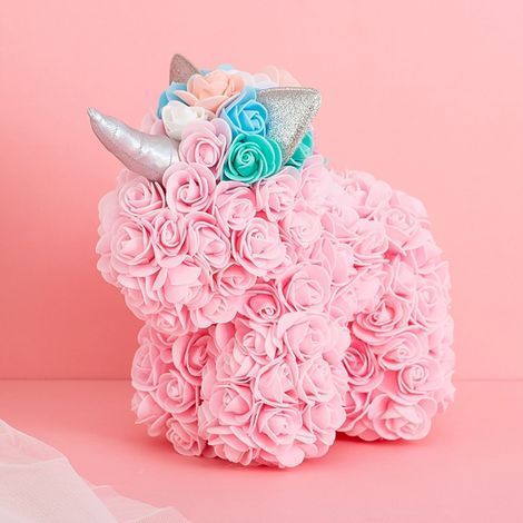 Strauß aus Rosen und Einhorn aus ewigen Blumen, duftende Seife (Geschenkbox), 25 cm Rose + Box, ideal für Valentinstag und Weihnachten. (1/5)