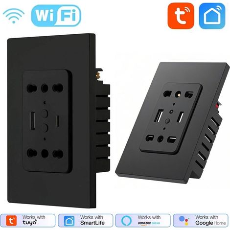 Tuya Doppia Presa da Muro Smart WiFi con Porte Usb e Type-C  Colore: Nero