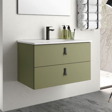 Mobile bagno sospeso Invicta con due cassetti colore verde oliva con maniglie nere 80x48x45 cm.