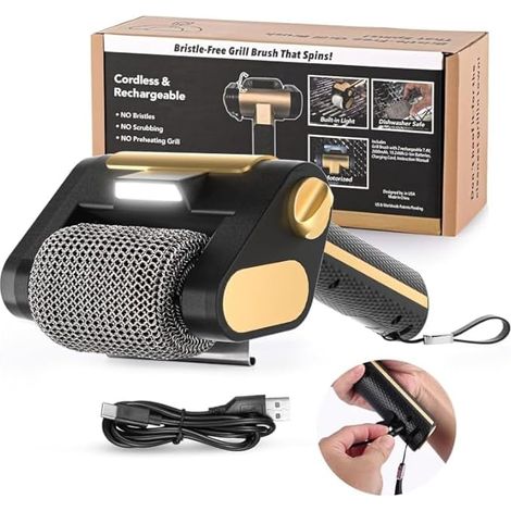 Grill Cleaning Brush with Bright LED Light, 304 Stainless Steel Power Roller, Motorized BBQ Cleaner for Burnt-On Food (Black) (1/4)