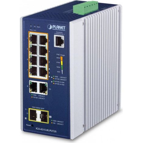 Planet IGS-4215-8UP2T2S IP30 Industrial L2/L4 8-Port 10/100/1000T 802.3bt PoE + 2-Port 10/100/1000T + 2-Port 100/1000X SFP Manag
