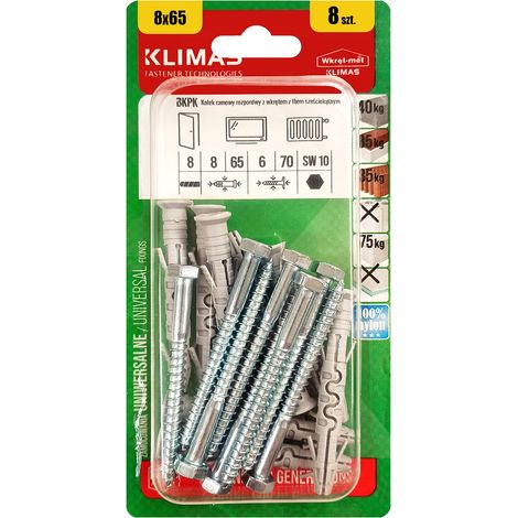 Chevilles De Cadre Klimas 8 x 65 Avec Tete Hexagonale SW-10, Blister De 8
