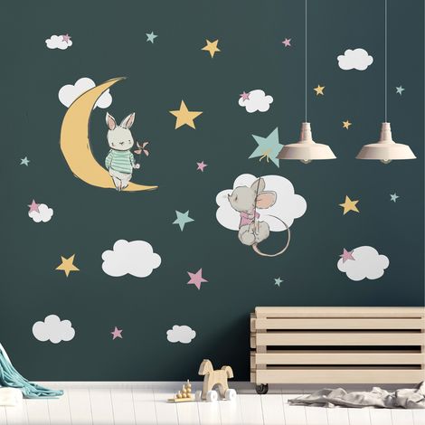 Stickers muraux Sticker Mural Autocollant - LAPIN ET SOURIS VERS LES ÉTOILES - Stickers adhésifs - 95x70cm (1/5)