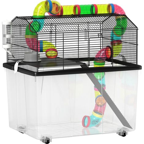 Two-Tier Hamster Cage with 31cm Deep Tray, Tube System, Water Bottle, Ramp, Feeding Bowl, Multicoloured (1/5)