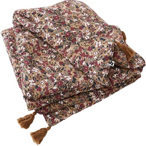 Édredon 90 x 200 cm en gaze de coton camel fleuri – Léger capitonnage et pompons décoratifs – Confort et élégance pour votre intérieur – Meubletmoi (1/5)