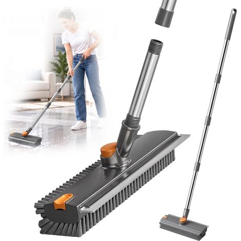 Brosse à récurer avec manche 3 en 1 avec long manche - Poils durs à 360° - Brosse à gratter et pince à retirer les poils - Brosse de sol pour terrasse, cuisine, baignoire, carrelage, salle de bain (1/5)