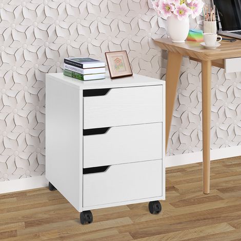 Commode de bureau à 3 tiroirs avec poignées escamotables, en bois et métal, 40x50x57.5 cm, blanche (1/5)