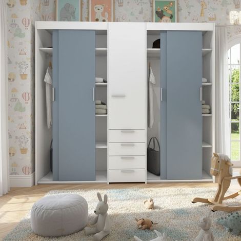 Armadio scorrevole L.225 cm con cassettiera centrale integrata - Bianco e Avio