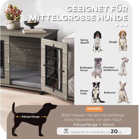 Cage en métal pour chien avec coussin de repos, capacité jusqu'à 20 kg (50 cm long), dimensions 80 x 56 x 63 cm, finition gris et bois