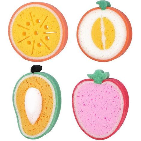 Lot de 4 éponges de bain en forme de fruits pour enfants (mangue, melon, orange et fraise).-15.00X12.00X3.00CM (1/3)