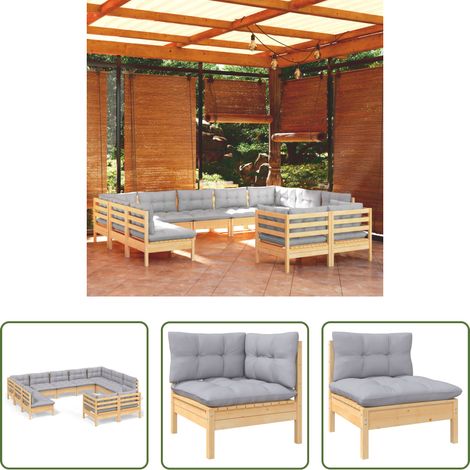 Terrassensofa - 11-tlg. Garten-Lounge-Set mit Grauen Kissen Kiefer Massivholz (1/5)