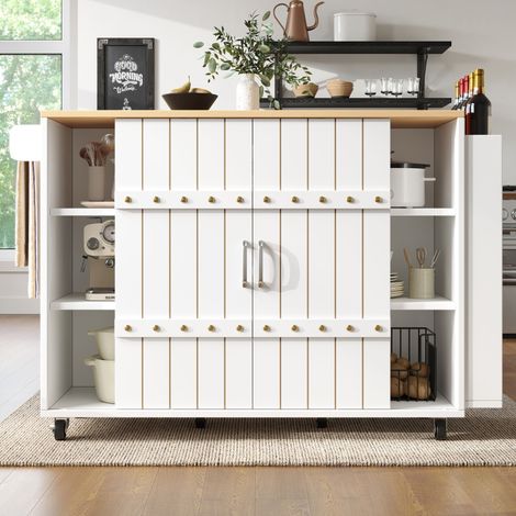 Desserte de cuisine avec épices et porte-serviettes - îlot pliable avec 3 tiroirs - blanc MDF - 110x(42-70)x90 cm (1/5)