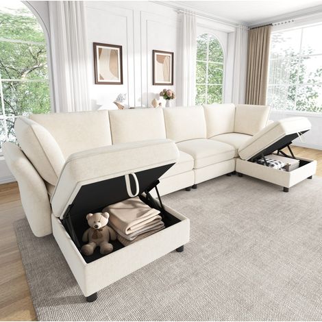 Canapé d’angle modulaire en u/l 6 places avec 2 poufs de rangement en chenille beige (1/5)