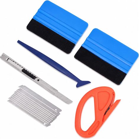 15-teiliges blaues Folienapplikationsset mit Klingen und Cutter für Autofenster und Möbel  15-teiliges blaues Set mit kratzfestem Filzrakel, verstellbarem Cutter mit Ersatzklingen für Autofenster- und (1/5)