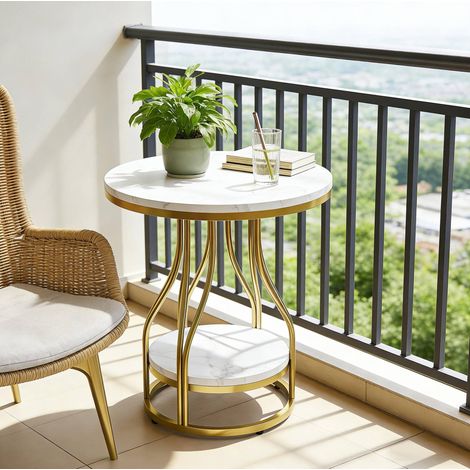 Table d'appoint ronde 50x50x59 cm blanc et doré, 2 niveaux, effet marbre et métal MEUBLIV