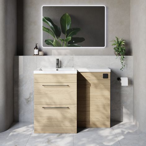 Napoli 460 Light Oak 1100mm 2 Drawer Vanity Unit Toilet Suite with Left Hand Square Lucia Basin - 1100mm - Gunmetal Grey 320mm HandleWithout Kingston Toilet Pan