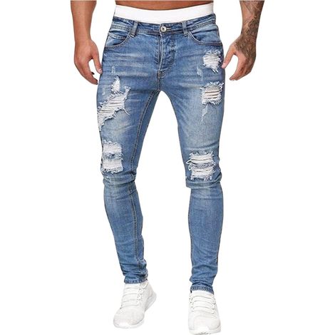 Jean Troué Homme Mode Skinny Slim Fit Pantalon Denim Styles Déchiré Sport Trousers avec Fermeture Éclair Casual Mode Survetement Pants Jogging Trekking Outdoor Travail Cargo Vintage Sweatpants (1/5)