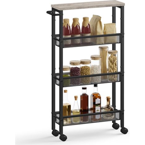 Desserte 4 Niveaux, Étagère de Cuisine Fin avec roulettes, Cadre en Acier, Poignée, Petit Espace, 13 x 45,4 x 77 cm, Salle de Bain, Salon, Bureau, Grège Chiné et Noir LRC032K01 (1/5)