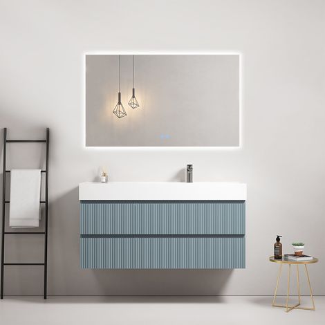 Mobile bagno sospeso cannettato 120 cm Blu Avio Lavabo a Destra in Resina Specchio Quadro Retroilluminato - Fiji Paint (1/4)