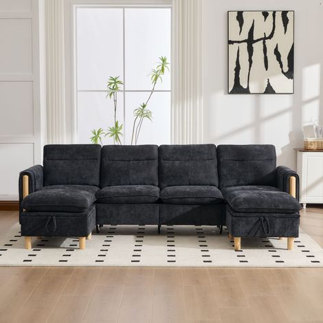 Canapé modulable 4 places en U 261x77x86 cm, 2 poufs coffres, poches latérales, pieds en bois, chenille, noir (1/5)
