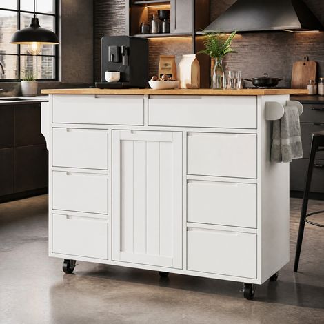 Isola da cucina 122x74.5x91.5cm, Carrello da cucina allungabile con ruote e piano di lavoro, 8 cassetti MDF bianco (1/5)