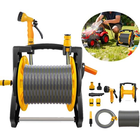 Chariot enrouleur de tuyau de jardin, 7 fonctions de pulvérisation, design portable, Tuyau de jardin-15M, 15M (1/2)