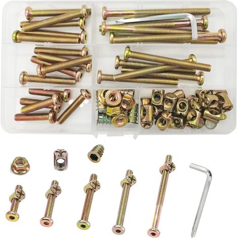 Kit de 61 écrous de boulons M6 x 30/40/50/60/80 mm plaqué zinc avec tête hexagonale, boulons pour meubles, assortiment d'écrous à barillet (1/5)