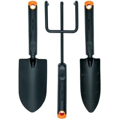 Fiskars Gartenwerkzeuge-Set, 3-teilig, Blumenrechen, Blumenkelle, Pflanzkelle, Rostfreier Stahlkopf/Kunststoff-Griff, Schwarz/Orange, Ergo, 1027681