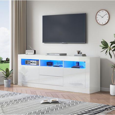 Mueble de TV 160x35x60 cm de paneles de madera blancos con almacenaje para salón FloraGrace (1/5)