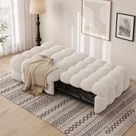 Divano letto estraibile 2 in 1 beige in tessuto bouclé, letto singolo imbottito (1/5)