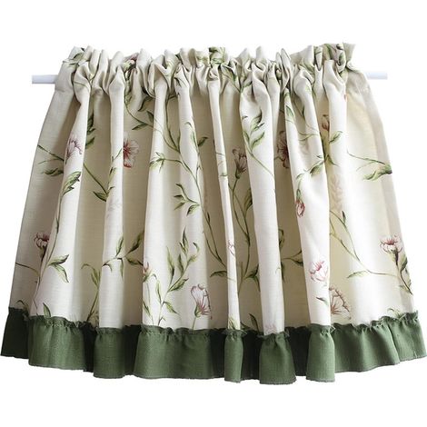 Cortina corta de cocina para ventana pequeña, estilo rústico, de algodón y lino, opaca con estampado floral beige. (1/5)