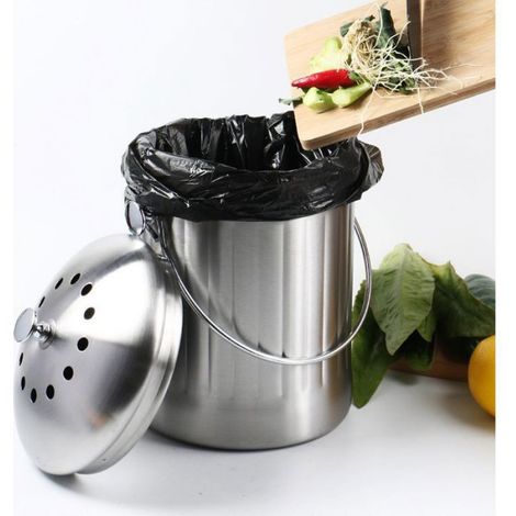 Seau Compost - Acier Inoxydable - Couvercle Dôme - Filtre Charbon Actif Double Couche - 3 Litres (1/4)