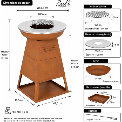 BALI OUTDOORS Braséro Plancha 3 en 1 Ø58,5 cm, barbecue extérieur au bois et charbon, plancha inox, grille barbecue, bac à cendres amovible, finition rouille