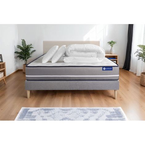 Pacchetto letto completo - Materasso 140x190cm + Box spring con doghe (in kit) + 2 cuscini + Piumino - Actiflex Pur