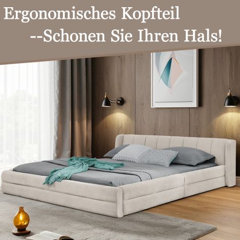 Lit double 140×200cm, Chenille, couette confortable, châssis robuste en eukalyptus et en fer, simple à monter, Beige (sans matelas) (1/5)